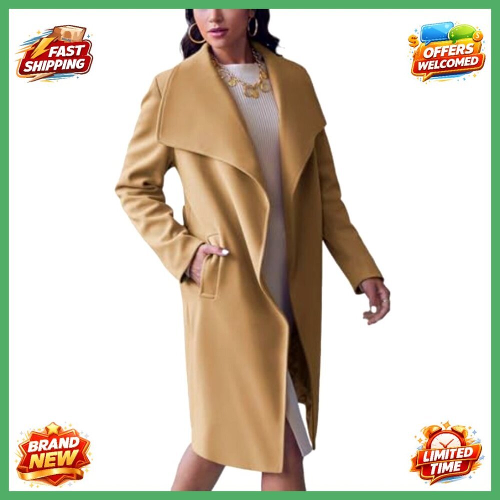 Women's Long Trench Coat with Belt, Lapel Collar, Pockets, 50% Recycled Material - Picture 2 of 7